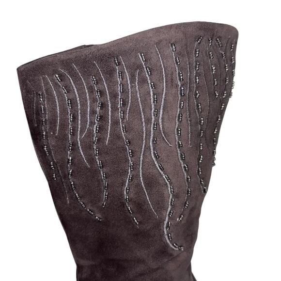 Midnight Velvet Brown Suede Beaded Heeled Boots 9W - Picture 3 of 7